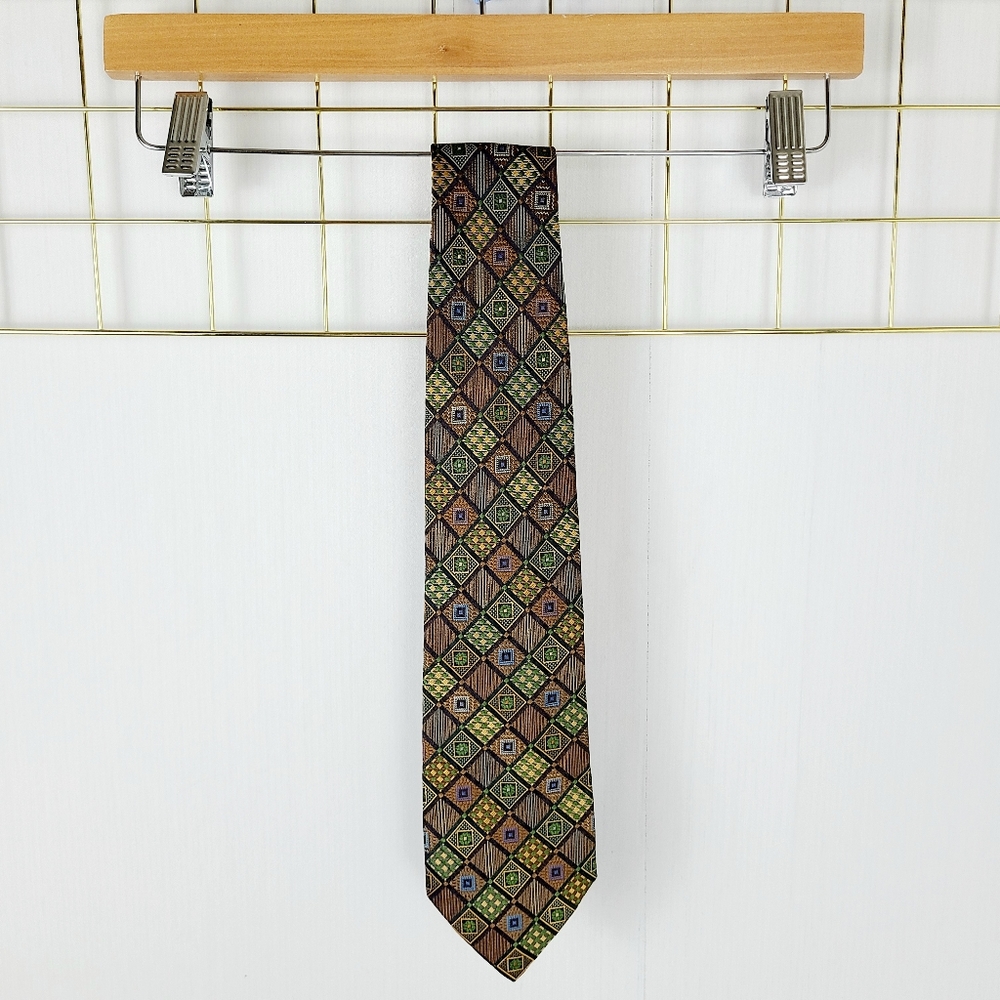 Rochas Paris Green Brown Checkered Graphic Print Woven Silk Tie - Picture 2 of 8